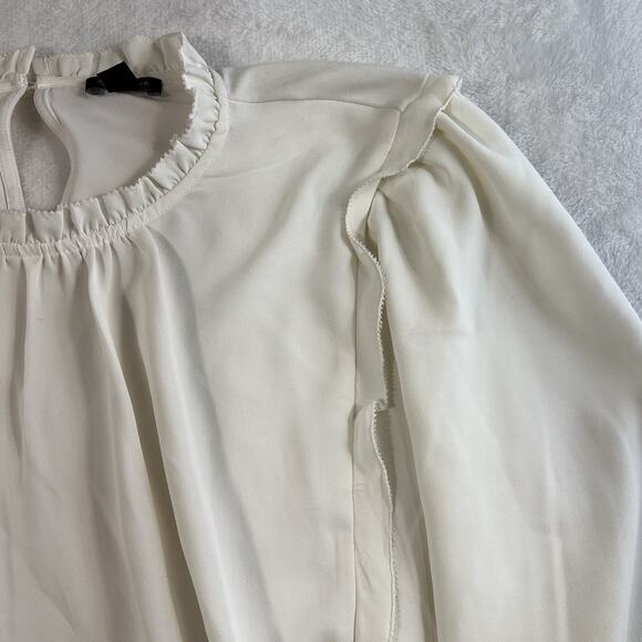 Ann Taylor XL Blouse Ruffle Neck Puff Sleeve Keyhole Back White Career Business - Picture 3 of 12